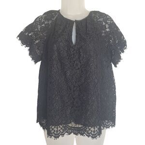 J Crew Womens Black Lace Top Short Sleeve Lined Peephole Whimsigoth XS